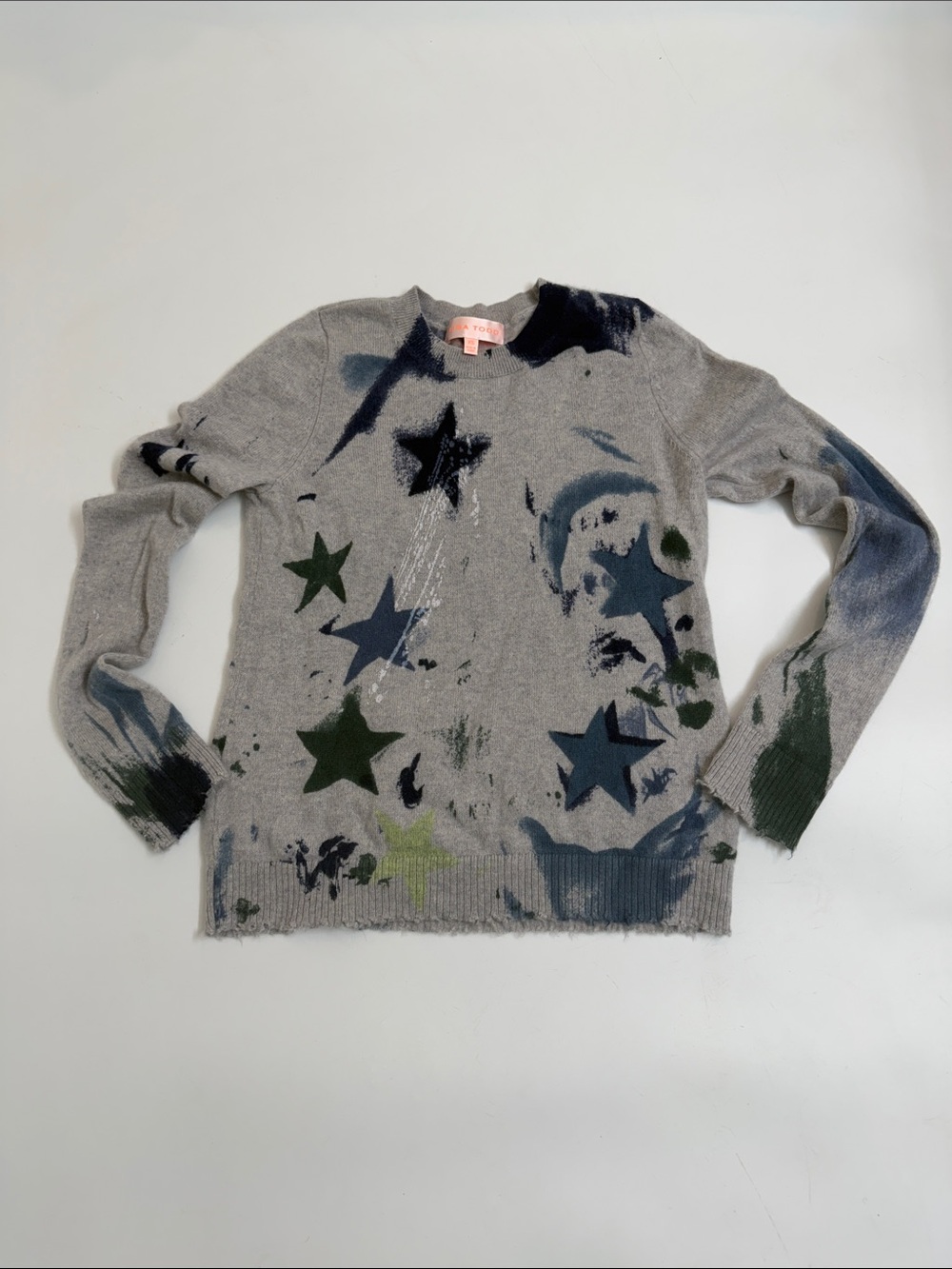 Lisa Todd 100% Cashmere Star Sweater XS Distressed Artsy Designer Gray